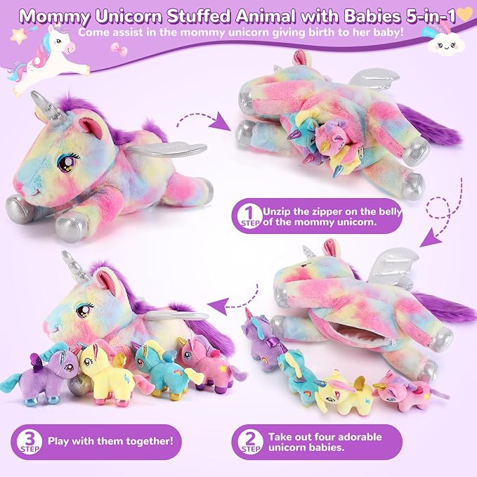 gnomantic Unicorn Stuffed Animals with Babies Inside, Mommy Toy for Kids | 5-Piece set: 1 mommy unicorn + 4 baby unicorns inside. Unzip belly to reveal surprise babies. Ultra-soft, ages 3-8.