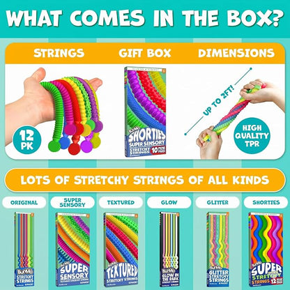 BUNMO Stretchy Strings - Sensory Toys - Stimulating & Addictive Toys for Kids - Fidget Toy - Hours of Fun for Kids - Non-Mouthable Toy 3+ - Mini Sensory 10 Pack