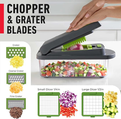 MUELLER HOME Pro-Series 10-in-1 Vegetable Chopper with Container, 8 Blade | Fruit Cutter, Dicer, Tomato Slicer, French Fry Cutter Potato Slicer, Salad Chopper, Gray/Green