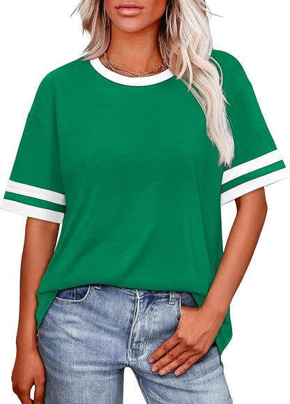 WIHOLL Womens T Shirts Loose Fit Short Sleeve Tees Crew Neck Color Block Summer Tops 2026 Fashion