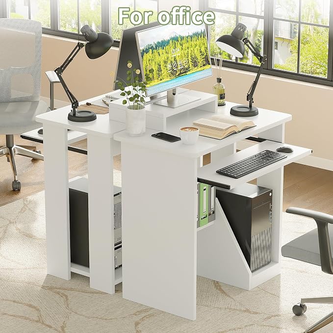 ALISENED 30 Inch Computer Desk, with Keyboard Tray & Monitor Stand | Compact Desk for Space-Saving, Ergonomic Study Desk with Storage Shelves for Writing, Gaming, Working, White