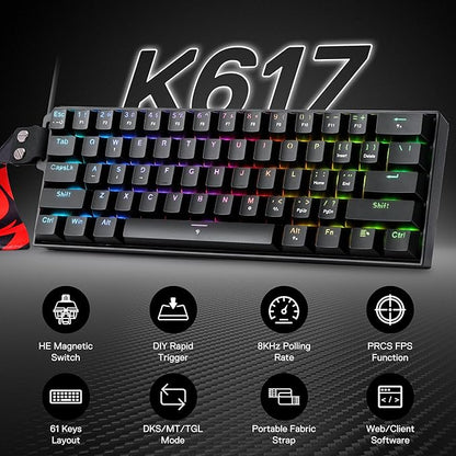 Redragon K617 HE Wired Hall-Effect Rapid Trigger Magnetic Gaming Keyboard | 8K Polling Adjustable Actuation, 61 Keys Design for More Room to Aim, Swap-Ready Socket for Mod, RGB Pro Software Supported