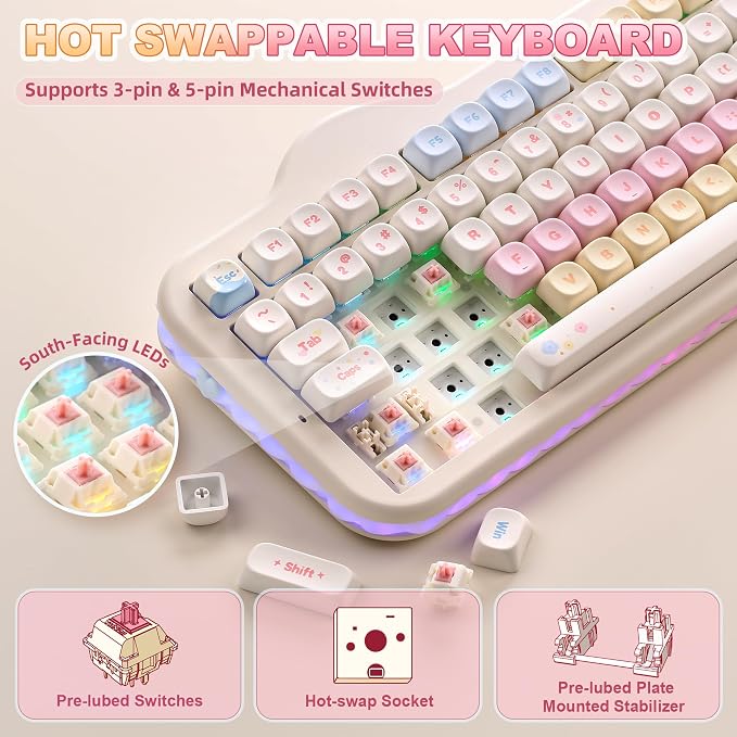 YUNZII C98 Cute Cake Wireless Mechanical Keyboard (Beige, Candy Switch) | 99 Keys with Number Pad, Hot Swap, PBT MOA Keycaps, BT5.0/2.4G/USB-C, Gasket Mount, Custom RGB Backlit for Win/Mac