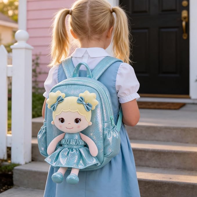 Lazada Toddler Backpack - Baby Girl Gifts Curly Fingerprints Plush Doll Dress Backpack - Fashion Girls Curly Rolled Fingerprints Series - Lake Blue 11 Inches