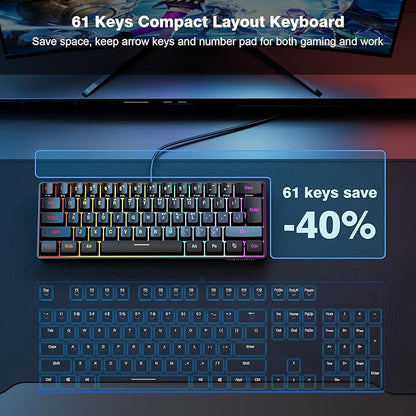 Snpurdiri 60% Wired Gaming Keyboard, 61 Keys RGB (Black) | Backlit Ultra-Compact Mini Gaming Keyboard for PC/Mac Gamer, Typist, Travel, Easy to Carry on Business Trip