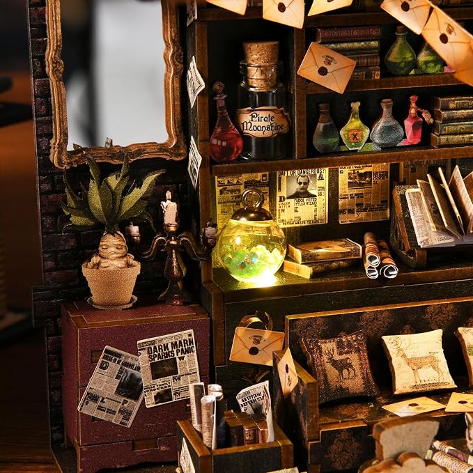Book Nook Kit for Adults and Teens DIY 3D Wooden Puzzle Bookends, Miniature Dollhouse Kit Bookshelf Decoration, Magic Alley Model with LED Lights,The House of Magic