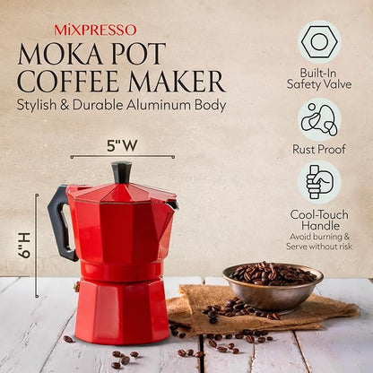 Mixpresso 3 Cup Moka Pot Stovetop Espresso Maker, Italian Cuban Coffee Pot | 5oz aluminum Italian coffee maker for gas and electric stovetops, small design for traditional espresso-style coffee at home