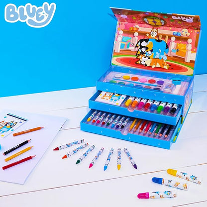 Bluey Colored Pencils Art Supplies for Boys Girls Drawing Kit Painting School Supplies Art Kit Travel Case Gifts for Kids (Blue 3 Tier)