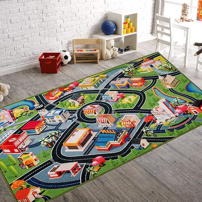 Booooom Jackson Kids Car Rug Play Mat for Toy Cars,39X79 inch Kids Rug Car Mat,Car Play Rug for Kids Playroom,Car Road Rug for Bedroom,Kid Car Carpet for Toddler Boy,Car Area Rug Non-Slip