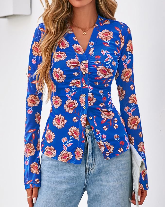 BTFBM Button Down Shirts for Women 2026 Fall Boho Tops V Neck Long Sleeve Blouses Ruched Mesh Fitted Fashion Clothing