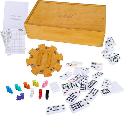 GOTHINK Double 12 Mexican Train Dominoes Set in Wooden Carry Case, Colored Dots Domino Set for Adults Kids and Family, Included 91 Tiles, 9 Trains, Wooden Hub, 8 Holders, 2 Scorepad in Vintage Box