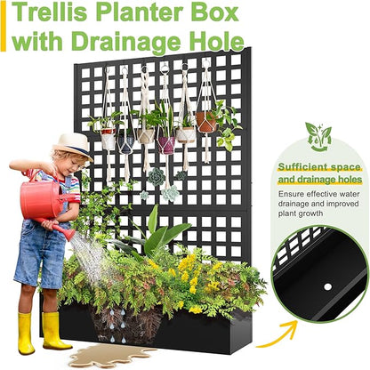 FENCY Metal Raised Garden Bed with Trellis, Metal Planter Box with Trellis, Garden Box for Climbing Plants Vegetable, 47''Lx16''Wx71''H Garden Bed with Drainage Holes(Black)