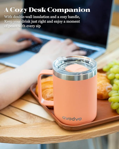 12oz Insulated Coffee Mug with Lid – Includes Two Lids, Stainless Steel Coffee Travel Mug with Handle, Double Wall Vacuum Insulated Camping Mug for Home, Office & Outdoor, Rose Gold