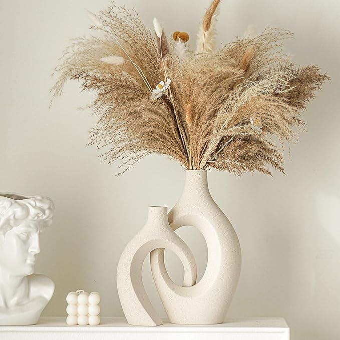 Lvases Snuggle Hollow Ceramic Vase Set of 2, Boho ins Style Round Nordic Mid Century Modern Aesthetic Decorative Vase for Home Decor (Cream W 6.8" X H 11")