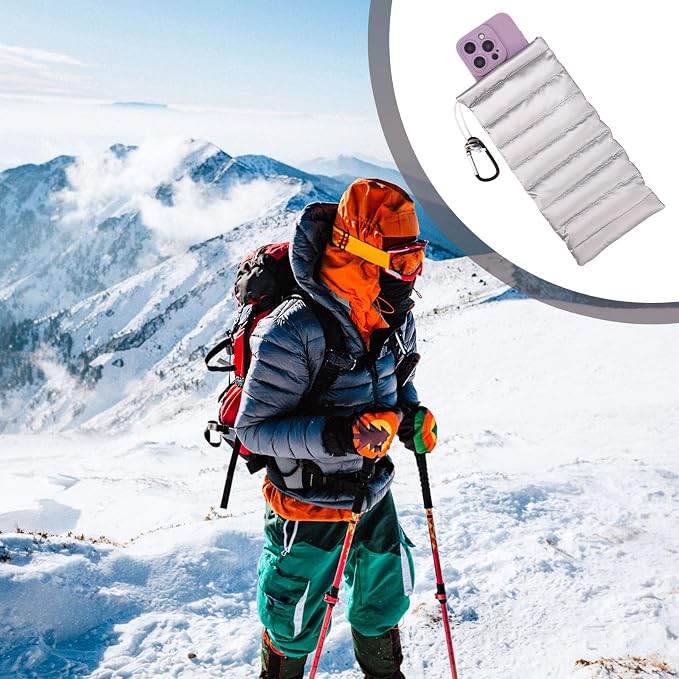 Lyreh Thermal Phone Pouch, Down Cotton Warm Phone Case Cover Bags Prevents Freezing & Overheating Protector Cellphone Pouch with Carabiner for Outdoor Camping Hiking Skiing (Silver)