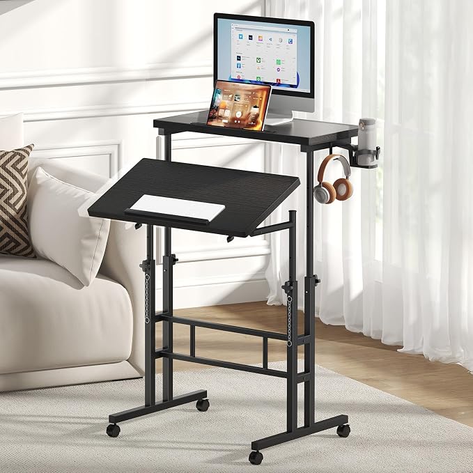 DUMOS Rolling Standing Desk, Sit Stand Desk, Computer Cart | 23.6 Inch Width, Height Adjustable, Split Top, Mobile Laptop Workstation, Office Table, Portable Design, Black
