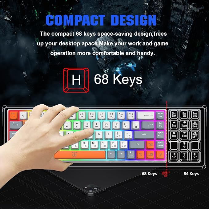 Snpurdiri 60% Percent Gaming Keyboard (68 Keys, White-Grey-Orange) | Ergonomic Compact RGB Backlit Small Gaming Keyboard for Windows, PC, Laptop