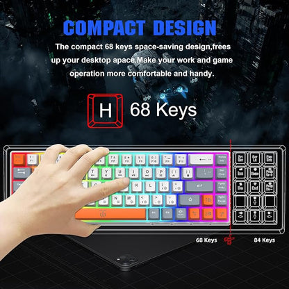 Snpurdiri 60% Percent Gaming Keyboard (68 Keys, White-Grey-Orange) | Ergonomic Compact RGB Backlit Small Gaming Keyboard for Windows, PC, Laptop
