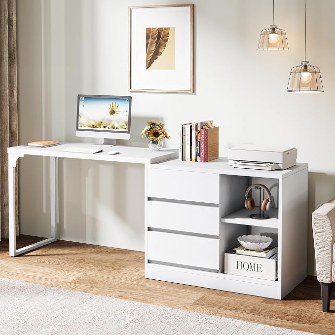 Tribesigns L-Shaped Computer Desk with Drawers and Shelves, Reversible White Corner Office Desk with Storage Cabinet, Modern Study Writing Table for Home Office, Bedroom