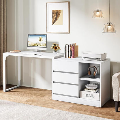 Tribesigns L-Shaped Computer Desk with Drawers and Shelves, Reversible White Corner Office Desk with Storage Cabinet, Modern Study Writing Table for Home Office, Bedroom
