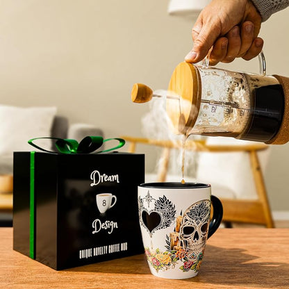 Color Changing Sugar Skull Coffee Mug 12oz – Heat Sensitive Ceramic Cup with Day of the Dead Skull & Floral Design, Gothic Halloween Theme Mug, Unique Christmas Holiday Birthday Gift for Men & Women