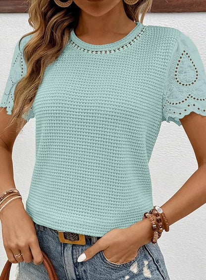 SHEWIN Womens Frenchy Summer Tops Crewneck Short Sleeve T Shirts Casual Waffle Knit Jacquard Blouses Top Shirts
