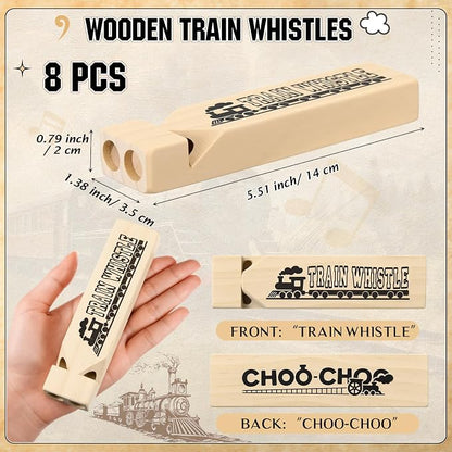 Chicingyou 8 Set Wooden Train Whistle Train Conductor Costume Choochoo Hat Dress up Kit Wood Choochoo Whistles Birthday Decorations Favors Noisemakers Goodie Bag Filler (Blue)