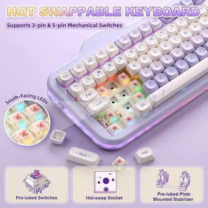 YUNZII C98 Cute Cake Wireless Mechanical Keyboard (Purple, Candy Switch) | 99 Keys with Number Pad, Hot Swap, PBT MOA Keycaps, BT5.0/2.4G/USB-C, Gasket Mount, Custom RGB Backlit for Win/Mac