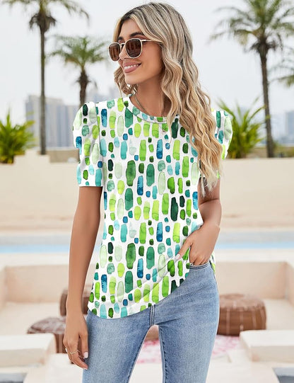 Ivicoer Puff Short Sleeve Shirt for Women Eyelet Tops Summer Crewneck Blouse Loose Fit S-XXL