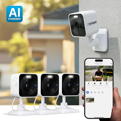 Defender GO 2K AI Powered WiFi Indoor/Outdoor Home, Business, Pet, Baby Security Camera, AI Detection, Dual Band, Spotlight/Siren, Color Night Vision, 2-Way Talk, Works with ClearVu App, 3 Pack