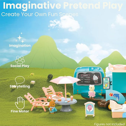 Family Ice Cream Truck Toy — Dessert Food Truck Playset with Cash Register, Chairs & Umbrella, Dollhouse Pretend Play Vehicle, Gift for Kids Ages 3+