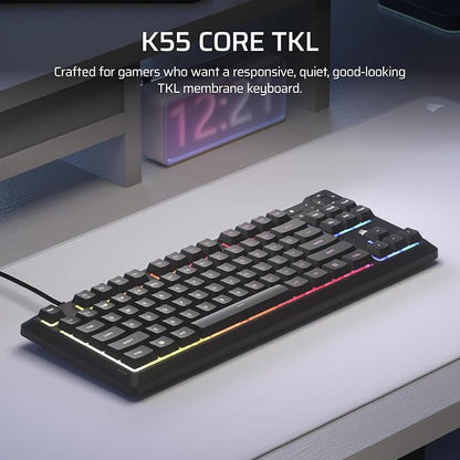 Corsair K55 CORE TKL RGB Gaming Keyboard – Tenkeyless, 8-Zone RGB, Quiet Membrane Keys, Spill Resistant, Media Keys, 1000Hz Polling – NA Layout – Black