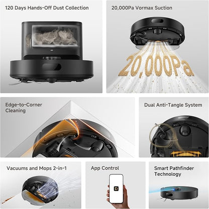 dreame D20 Air Plus Robot Vacuum and Mop, 20,000Pa Powerful Suction | 120-Day Self-Emptying with 4L Dust Bag, Anti-Tangling Tech, Edge-to-Corner Cleaning, Deep Carpet Cleaning, 360° Navigation