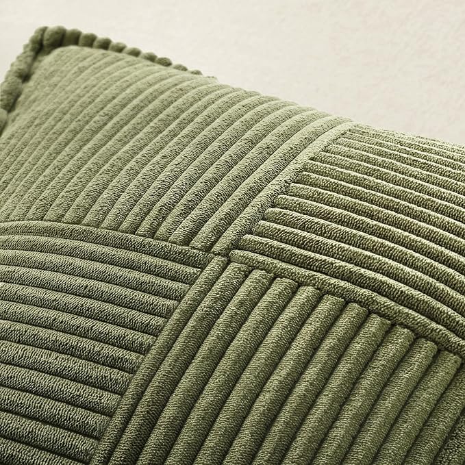 MIULEE Olive Green Corduroy Decorative Euro Sham Pillow Covers 24x24 Inch with Splicing Set of 2 Soft Boho Pillow Covers Broadside Textured Summer Pillowcases for Couch Bed Livingroom