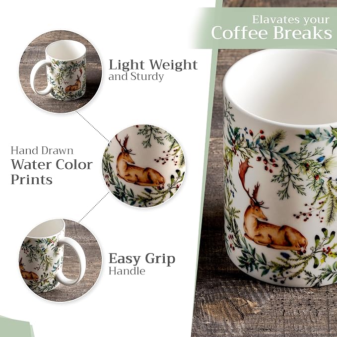 Maison d' Hermine Coffee Mug with Handles Tea Cups (15 Ounce, Pack of 1) | Fine Bone China Coffee Mugs for Hot Beverages Cappuccino Latte Home Restaurant Hotel Spring Summer -Holly Time - Cerf