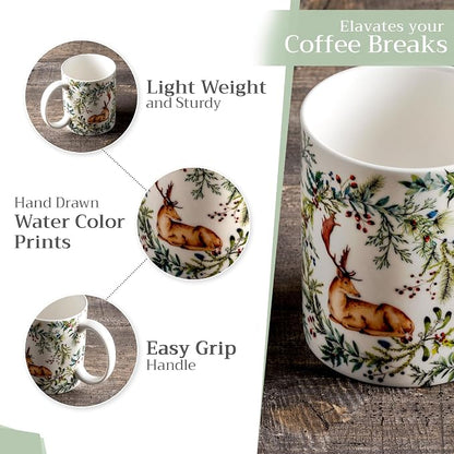 Maison d' Hermine Coffee Mug with Handles Tea Cups (15 Ounce, Pack of 1) | Fine Bone China Coffee Mugs for Hot Beverages Cappuccino Latte Home Restaurant Hotel Spring Summer -Holly Time - Cerf