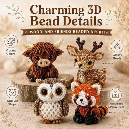 Temiaode 3D Beaded Animal Kit, 4 Pack DIY Bead Craft Set for Adults, Highland Cow Owl Red Panda Deer Beading Kit with Instructions, Creative Hobby Craft Gift for Animal Lovers