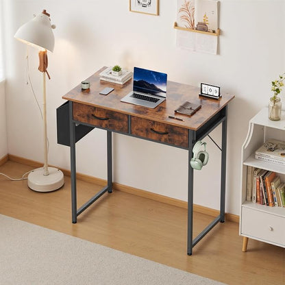 OLIXIS 32 Inch Small Desk, Computer Desk, Fabric Drawers | Side Bag, Headphone Hook, Work Table for Home Office Bedroom, Gaming, Brown