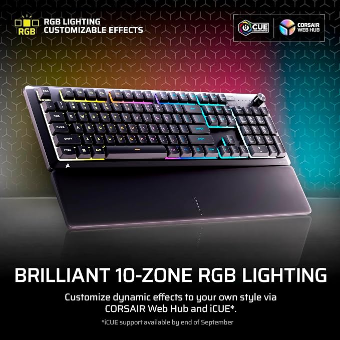Corsair Skiff 100 Quiet RGB Wired Membrane Gaming Keyboard – QWERTY US, IP53 Spill & Dust Resistant, Responsive Keys, Media Dial – Black