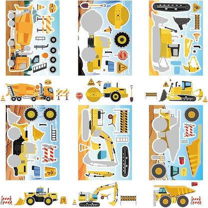 24 Sheets Make Your Own Construction Vehicle Stickers for Kids Boys, Make-a-Face Engineering Vehicles Fire Trucks Excavator for Construction Themed Party Favors