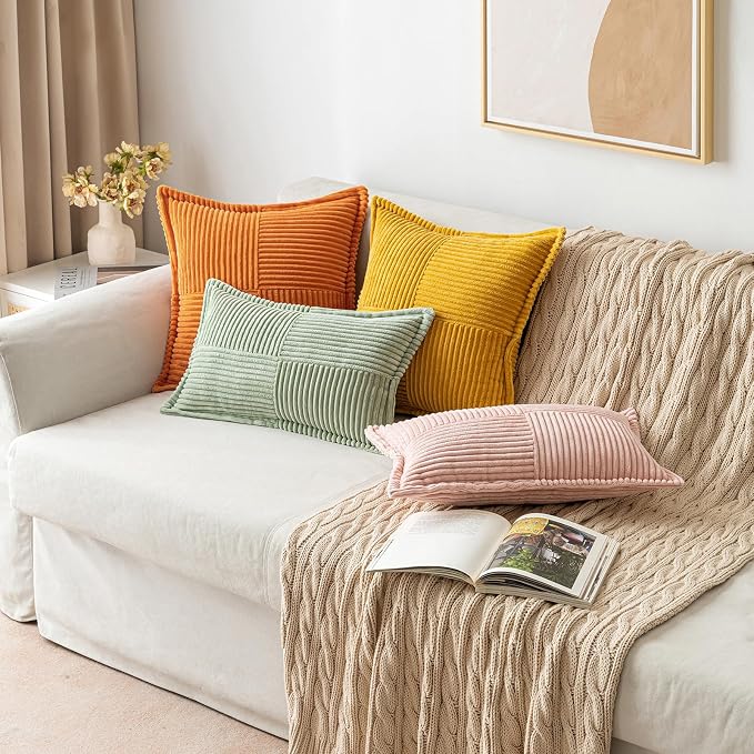 MIULEE Fall Burnt Orange Decorative Lumbar Throw Pillow Covers for Couch Bed Livingroom 12x20 Inch Set of 2 Boho Accent Throw Pllows Broadside Striped Patchwork Soft Corduroy Pillowcases
