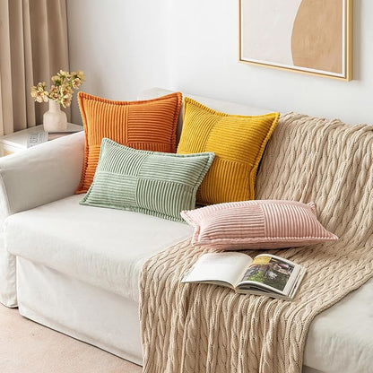 MIULEE Fall Burnt Orange Decorative Lumbar Throw Pillow Covers for Couch Bed Livingroom 12x20 Inch Set of 2 Boho Accent Throw Pllows Broadside Striped Patchwork Soft Corduroy Pillowcases