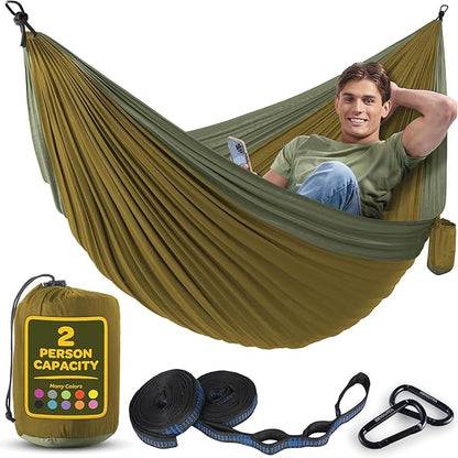 Durable Hammock 500 lb Capacity, Nylon Camping Hammock Chair - Double or Single Sizes w/Tree Straps and Attached Carry Bag - Portable for Travel/Backpacking/Beach/Backyard (Large, Khaki & Dark Green)