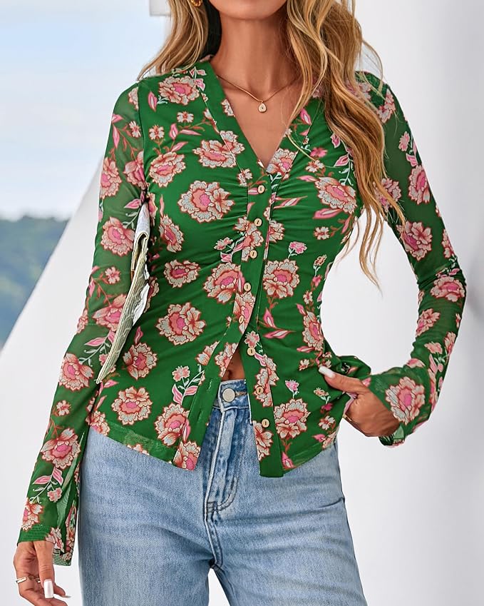 BTFBM Button Down Shirts for Women 2026 Fall Boho Tops V Neck Long Sleeve Blouses Ruched Mesh Fitted Fashion Clothing