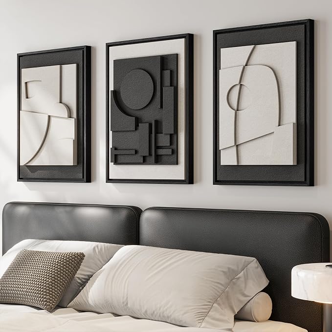 3D Textured Framed Black and White Abstract Wall Art for Bedroom, 3 Piece Modern Paintings Artwork for Walls, Minimalist Black White Geometric Pictures for Living Room, Dining Room Wall Decor 16x24 In
