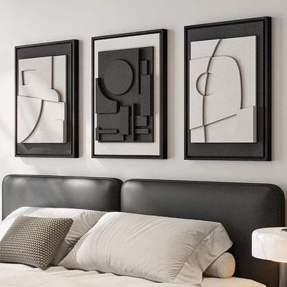 3D Textured Framed Black and White Abstract Wall Art for Bedroom, 3 Piece Modern Paintings Artwork for Walls, Minimalist Black White Geometric Pictures for Living Room, Dining Room Wall Decor 16x24 In