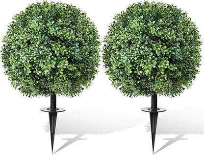 Artificial Topiary Bushes for Outdoors with Spike, Boxwood Ball Fake Shrubs UV Resistant Faux Plants for Indoor Outdoor Fall Thanksgiving Halloween Decor (Artificial Topiary Boxwood Ball Tree)