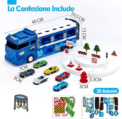 hahaland Toys for 3 Year Old Boy Gift - 2 in 1 Car Carrier Transforms into Race Tracks Toys with Dual Launcher Truck for Kids Ages 3-5 - Car Sets for Boys 3 Year Old Boy Gifts