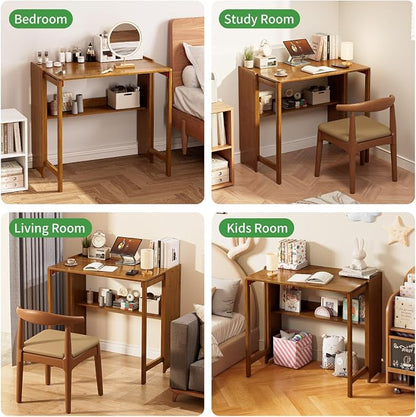 Folding Desk for Small Spaces, Bamboo Foldable Desk with Storage, Brown | Small Computer Desk with Bookshelf, Mid Century, Fold Out，Compact Size, for Bedroom, Living Room, Apartment, Home Office