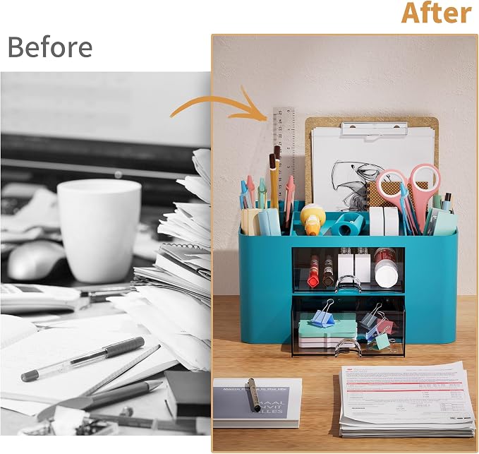 Marbrasse Pen Organizer with 2 Drawer, Multi-Functional Pencil Holder for Desk, Desk Organizers and Accessories with 5 Compartments + Drawer for Office Art Supplies (Dark Green)